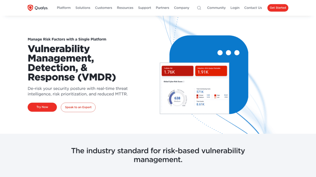 Qualys VMDR product page, a vulnerability scanner, with a dashboard showing a 638 cyber risk score and 571K vulnerabilities