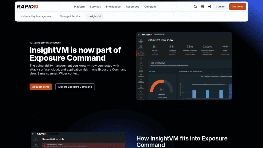 Rapid7 InsightVM page, a vulnerability scanner now part of Exposure Command, with an Executive Risk View dashboard