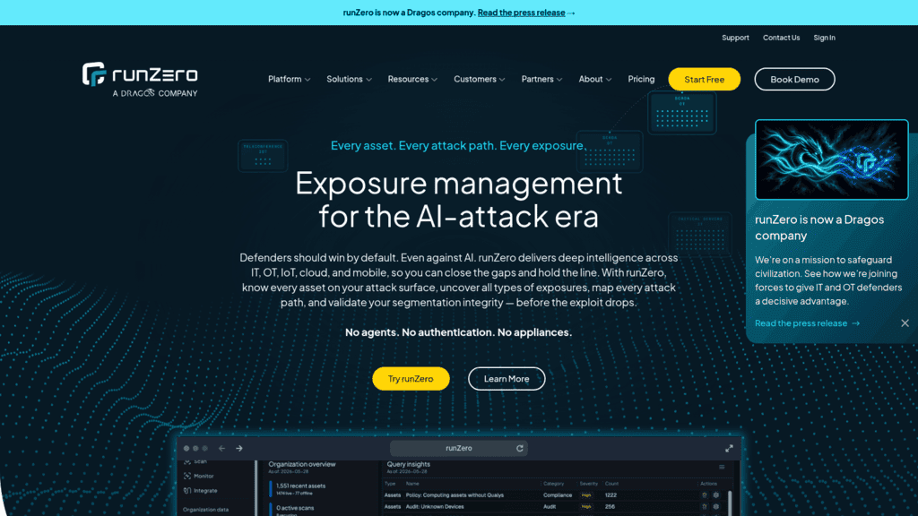 runZero homepage, an IT risk management tool for exposure management across IT, OT, IoT, cloud and mobile assets