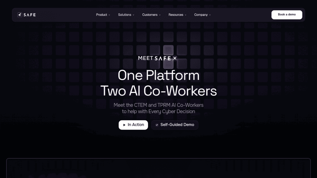 SAFE homepage, an IT risk management tool, introducing SAFE X with CTEM and TPRM AI co-workers on one platform