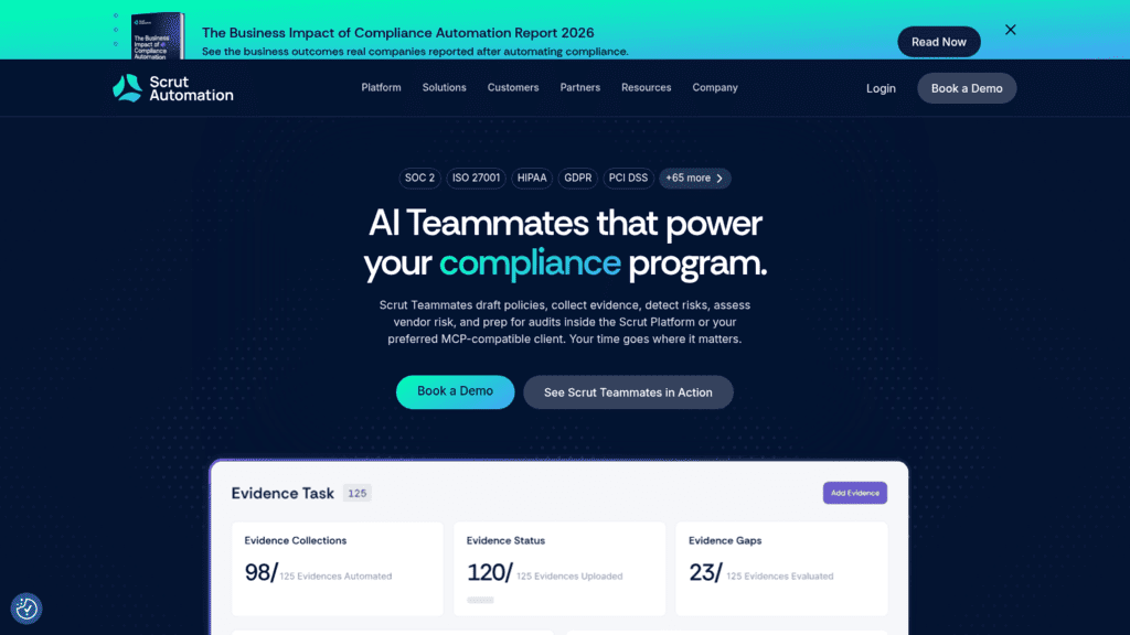 Scrut homepage, PCI compliance software with AI teammates, framework tags from SOC 2 to PCI DSS and an evidence task view