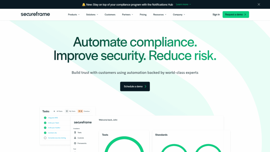 Secureframe homepage, a compliance automation software, with a task list and compliance tests dashboard preview