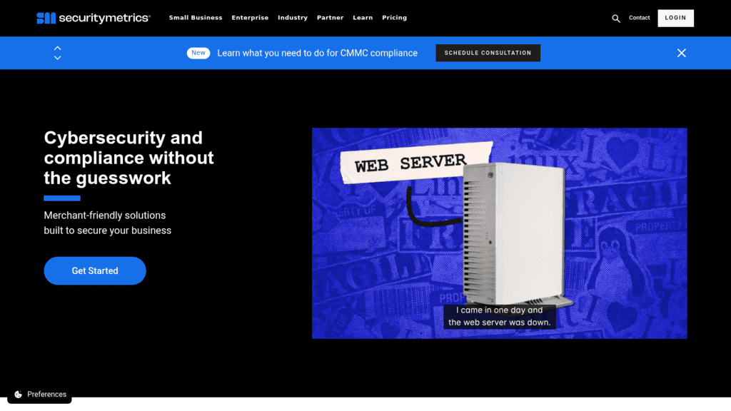 SecurityMetrics homepage, PCI compliance software with merchant-friendly solutions and a web server video still