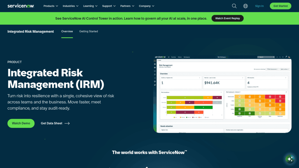 ServiceNow Integrated Risk Management product page, an IT risk management tool, with a risk heatmap dashboard