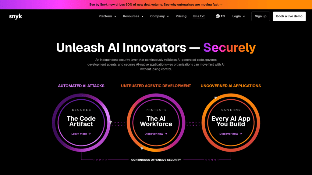 Snyk homepage, a vulnerability scanner for the AI era, framing security for code, the AI workforce and AI apps
