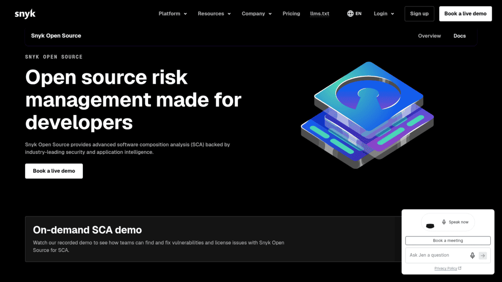 Snyk Open Source page, an SCA-based SBOM tool, pitching open source risk management made for developers