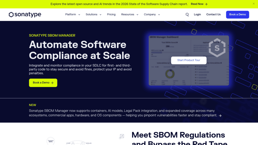 Sonatype SBOM Manager product page, an SBOM tool for automating software compliance at scale, with a dashboard preview