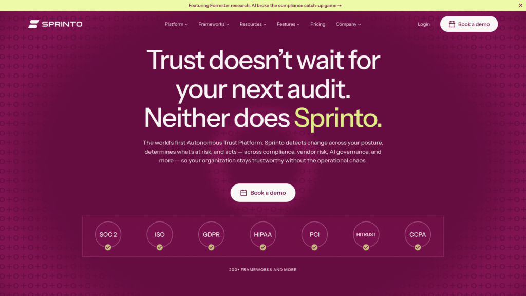 Sprinto homepage promoting an autonomous trust platform with SOC 2, ISO, GDPR, HIPAA, PCI, HITRUST and CCPA badges