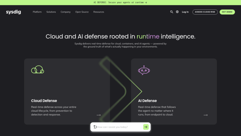 Sysdig homepage presenting cloud and AI defense rooted in runtime intelligence, with Cloud Defense and AI Defense cards