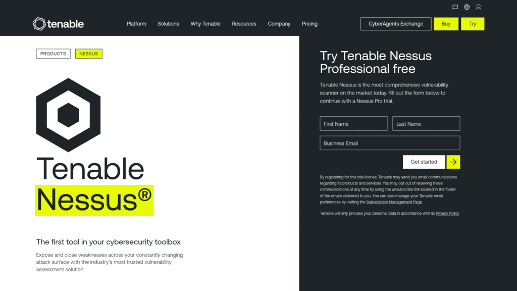 Tenable Nessus product page, a vulnerability scanner, with a sign-up form for a free Nessus Professional trial
