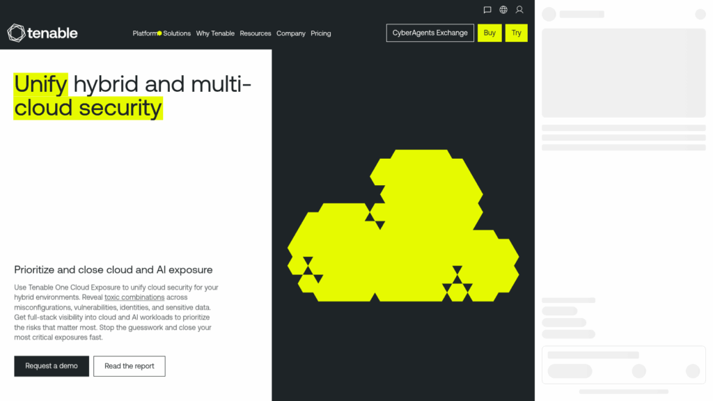 Tenable One Cloud Exposure page offering to prioritize and close cloud and AI exposure in hybrid environments