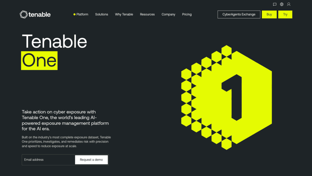 Tenable One product page, an IT risk management tool pitched as an AI-powered exposure management platform