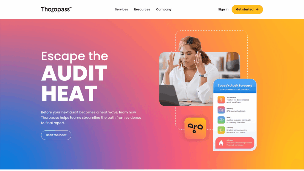 Thoropass homepage offering to streamline the path from audit evidence to final report, with an audit forecast card