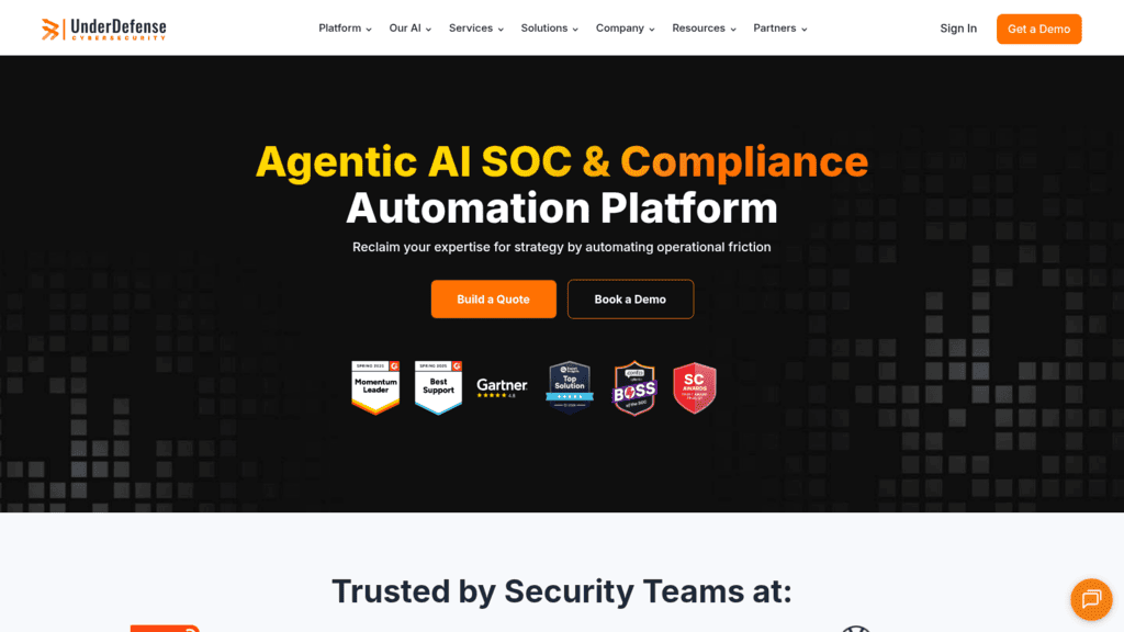 UnderDefense homepage, an IT risk management tool, headlined Agentic AI SOC and Compliance Automation Platform