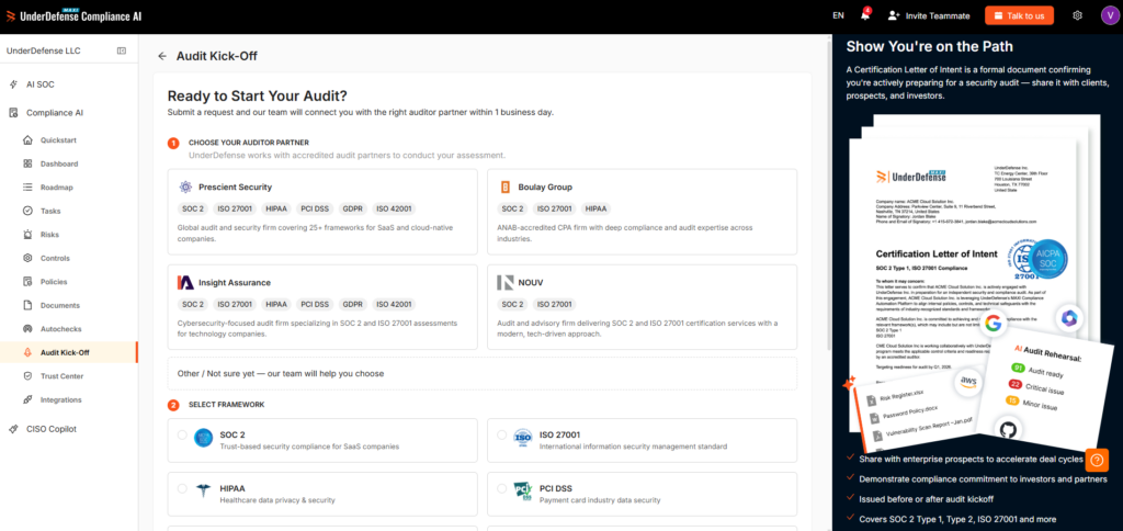 UnderDefense MAXI Compliance AI Audit Kick-Off screen listing four partner audit firms and a Certification Letter of Intent