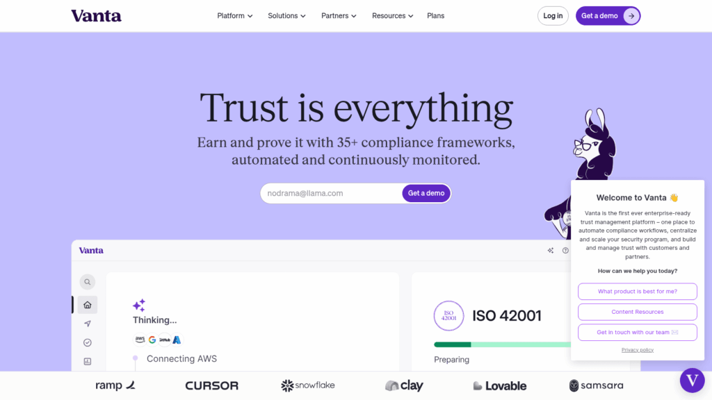 Vanta homepage, a compliance automation software, promoting 35+ frameworks automated and continuously monitored