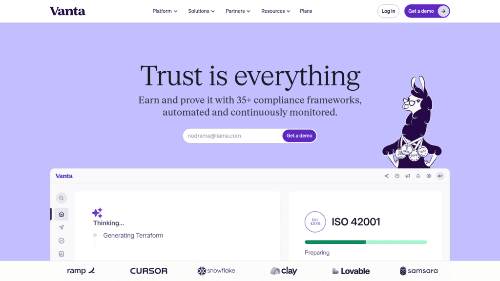 Vanta homepage, PCI compliance software covering 35+ frameworks, with a llama mascot and an ISO 42001 progress card