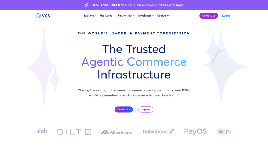 VGS homepage, PCI compliance software from a payment tokenization provider, pitching agentic commerce infrastructure
