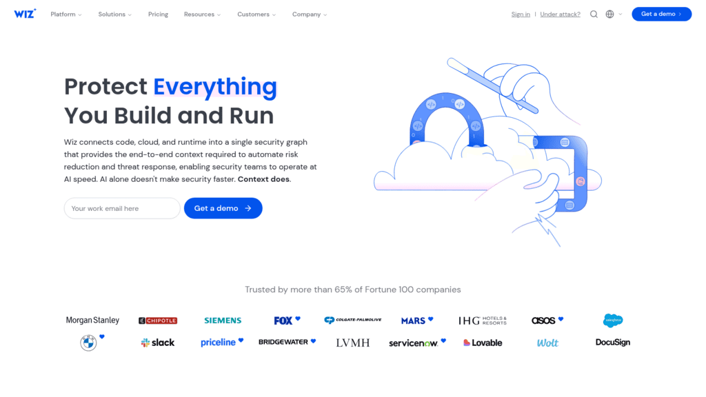 Wiz homepage, a cloud vulnerability scanner, pitching a single security graph across code, cloud and runtime