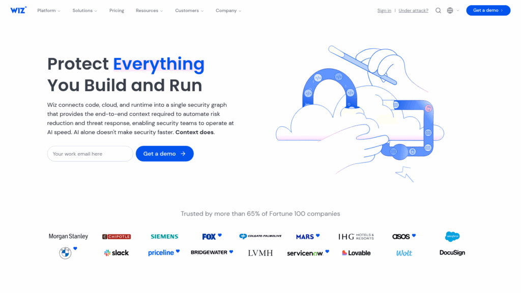 Wiz homepage, one of the best CSPM tools, pitching a single security graph across code, cloud and runtime